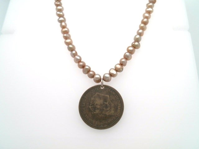 Handmade Sterling Silver Freshwater Pearl Necklace With Spanish Coin Dated 1963, 18"