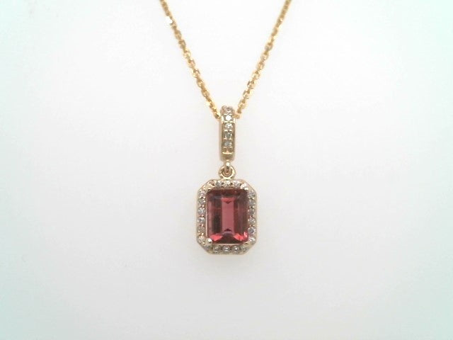 14 Karat Yellow Gold Emerald Cut Pink Tourmaline Pendant With Diamond Halo