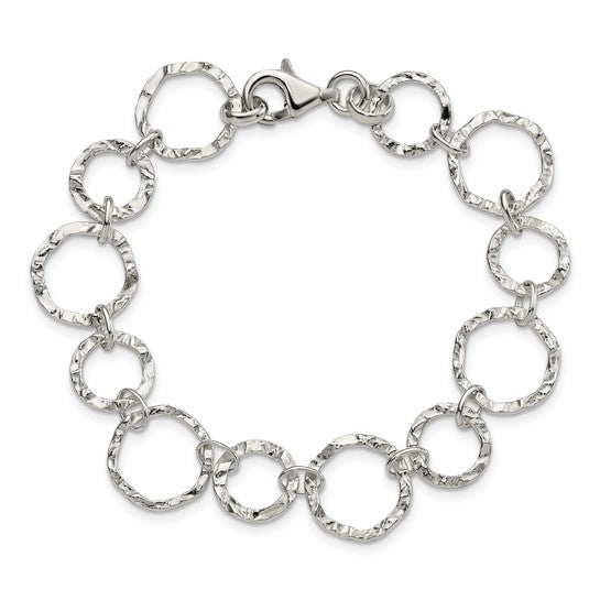 Sterling Silver Hammered Circle Link Bracelet With Lobster Clasp 7.5"