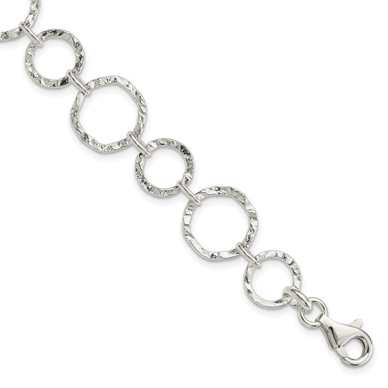 Sterling Silver Hammered Circle Link Bracelet With Lobster Clasp 7.5"