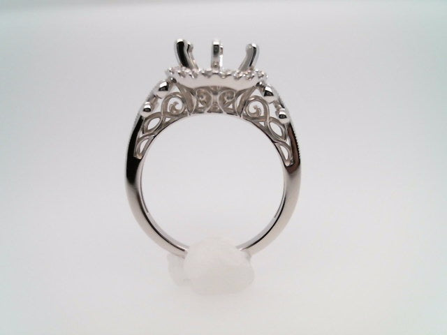 14 Karat White Gold Diamond Halo Style Engagement Ring Mounting With Milgrain Detail For A 2.00 Carat Center