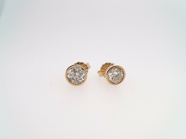 Vintage 14 Karat Yellow Gold Bezel Set Round Brilliant Diamond Stud Earrings