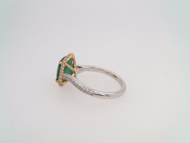 18 Karat White & Yellow Gold Cushion Shaped Emerald With Diamond Accent Halo Style Ring
