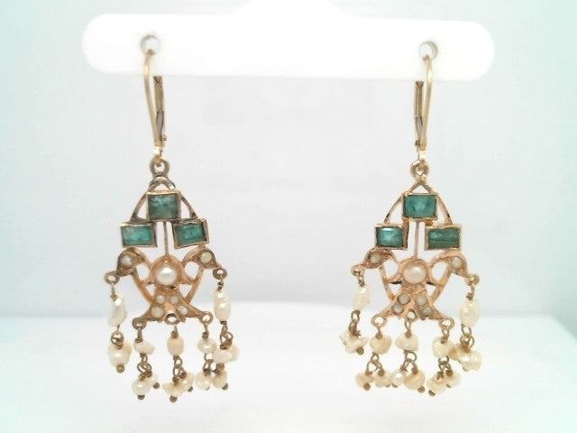 Vintage 14 Karat Yellow Gold Emerald & Pearl Chandelier Earrings With Leverbacks