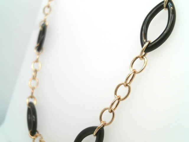 Vintage 14 Karat Yellow Gold Chain Necklace With 20 Open Marquise Shaped Black Onyx Link Stations 33.5"