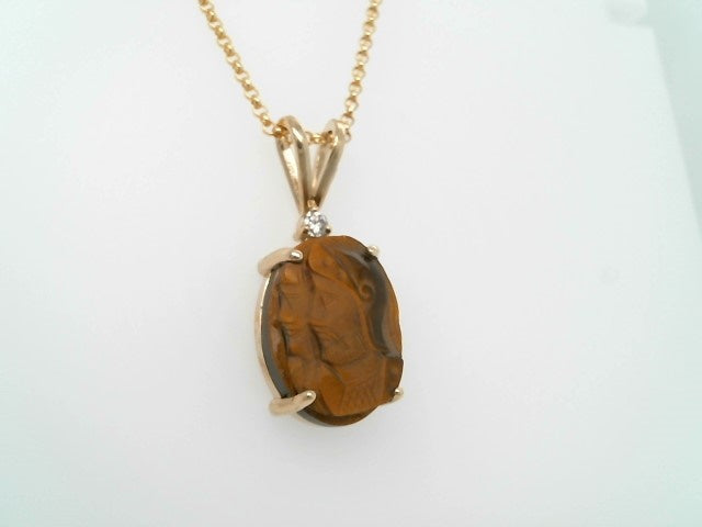 14 Karat Yellow Gold Oval Carved Tiger's Eye Intaglio Pendant With Diamond Accent
