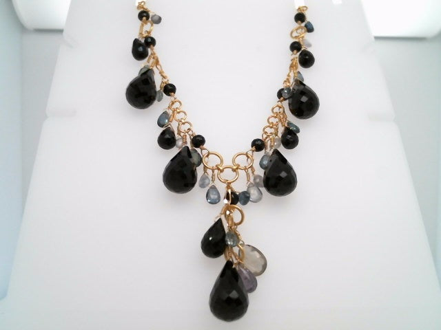 Vintage 18 Karat Yellow Gold Black Onyx, Sapphire & Blue Topaz Faceted Bead & Briolette Necklace 17"