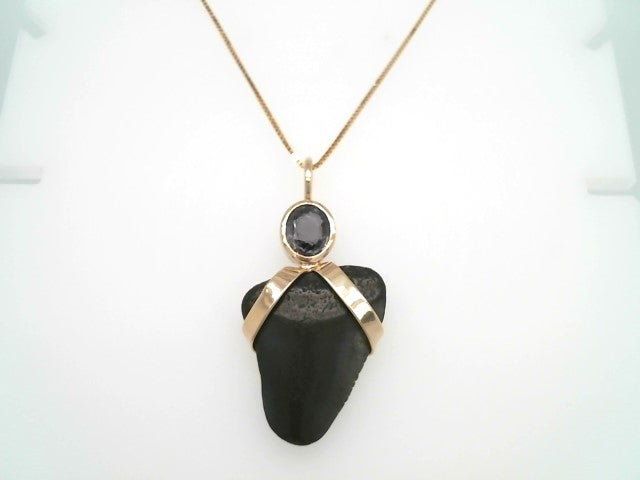 14 Karat Yellow Gold Small Florida Megalodon Shark's Tooth & Grey Spinel Amulet Pendant