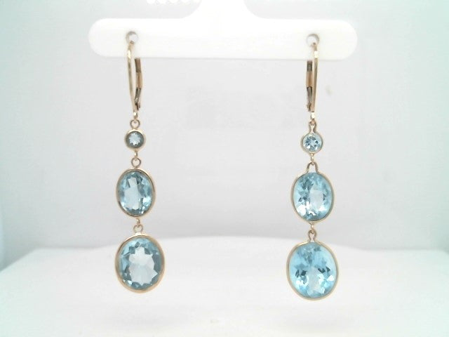 14 Karat Yellow Gold Triple Tier Sky Blue Topaz Dangle Earrings With Leverbacks