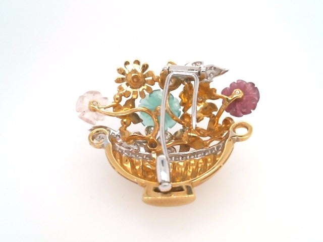 Vintage 18 Karat Yellow & White Gold Gemstone & Diamond Flower Basket Pin