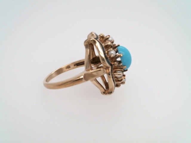 Vintage 10 Karat Yellow Gold Turquoise, Pearl & Black Enamel Ring