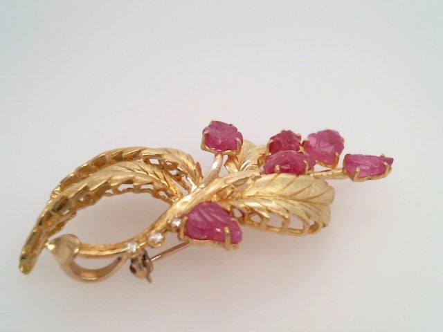 Vintage 18 Karat Yellow Gold Carved Ruby Leaves & Diamond Branch Pin/Pendant