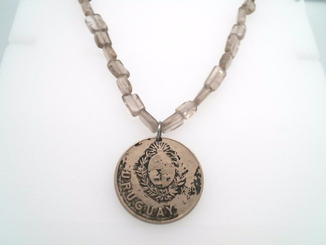 Handmade Sterling Silver Smokey Quartz Bead Necklace With Uruguay Coin Dated 1980, 18"