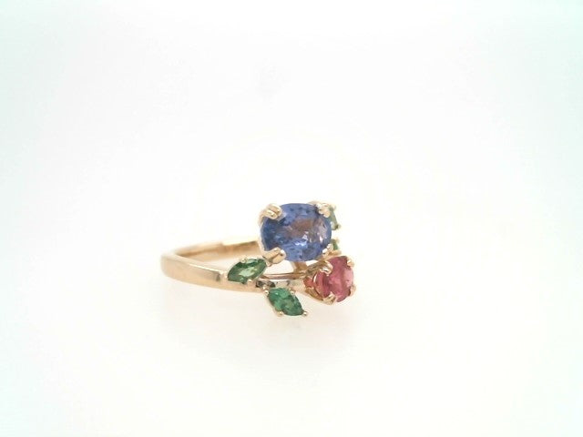 14 Karat Yellow Gold Pink Tourmaline, Tanzanite & Tsavorite Floral Bypass Style Ring