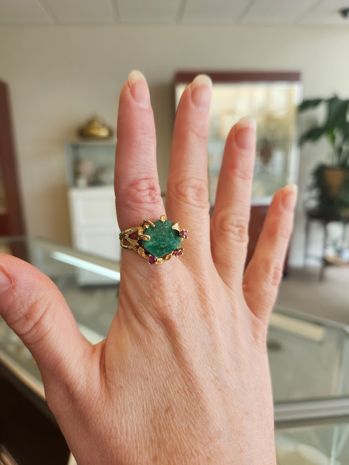 Vintage 14 Karat Yellow Gold Rough Lab Grown Emerald Ring With Ruby Accents, Floral Motif Mounting With Leaves & Branches