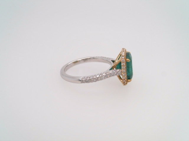18 Karat White & Yellow Gold Cushion Shaped Emerald With Diamond Accent Halo Style Ring