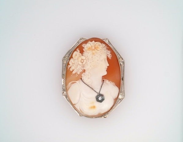 Vintage 14 Karat White Gold Filigree Cameo Pin/Pendant With Diamond Necklace Measuring 58mm X 45mm.