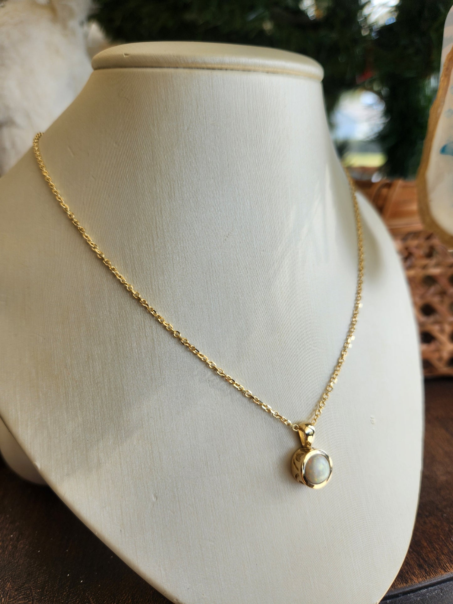 14 Karat Yellow Gold Bezel Set Cabochon White Opal Solitaire Pendant