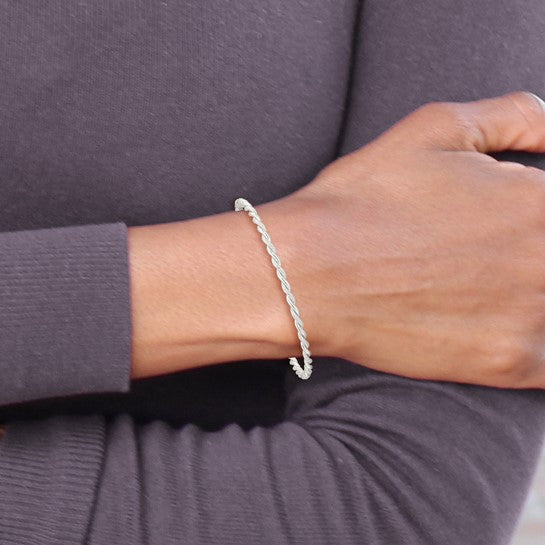 Sterling Silver 3 Mm Twisted Rope Texture Bangle Bracelet 8"