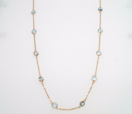 14 Karat Yellow Gold Bezel Set Blue Topaz "By The Yard" Style Necklace 18" With A Loop At 16" And 17" For Adjustable Length