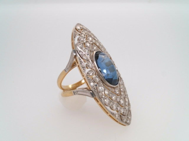Vintage 18 Karat Yellow & White Gold Synthetic Blue Sapphire & Diamond Large Marquise Shaped Filigree Statement Ring