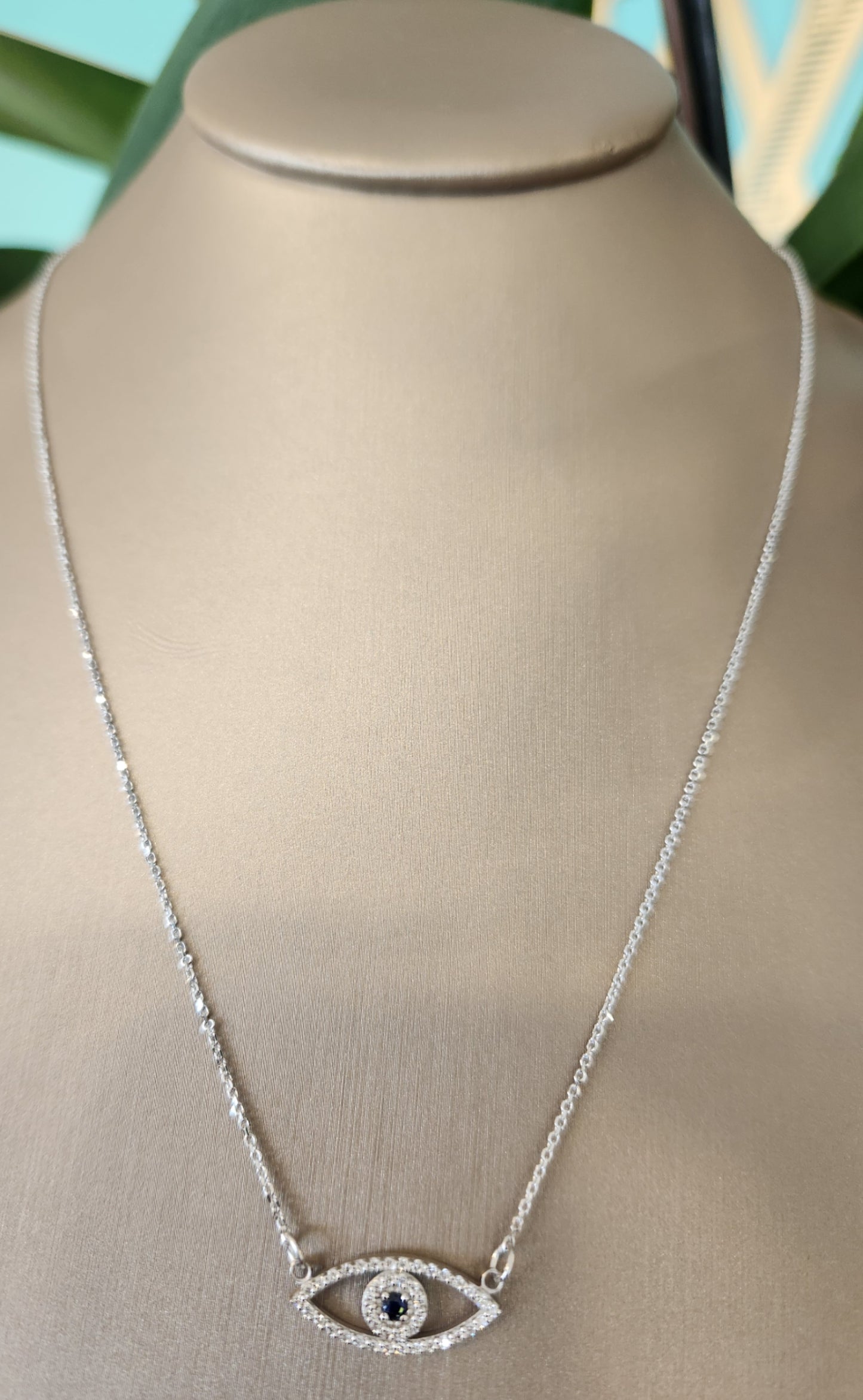 14K WG small diamond & Sapphire Evil Eye 18"