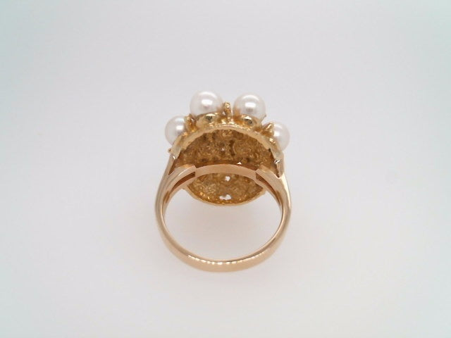 Vintage 14 Karat Yellow Gold Pearl & Diamond Cluster Ring