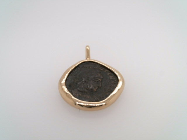 14 Karat Yellow Gold & Bronze Roman Empire Nummus Coin Pendant With Handmade Smooth Bezel