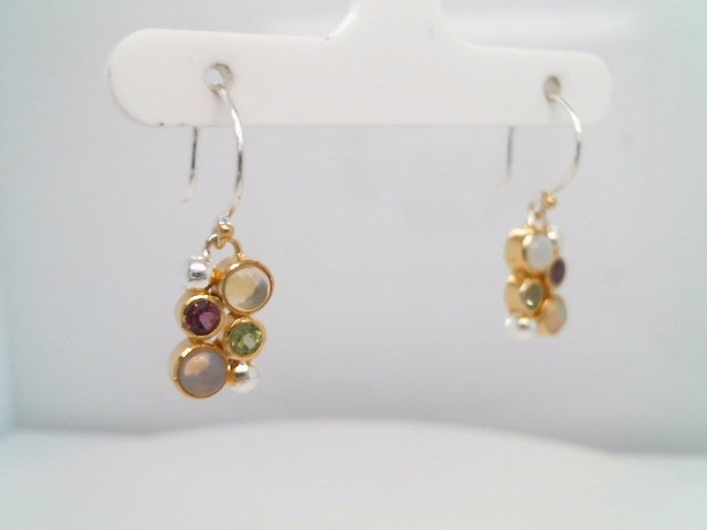 Sterling Silver With 22 Karat Gold Vermeil Earrings With 4 Ethiopian Opals, 2 Peridot And 2 Rhodolite Garnet