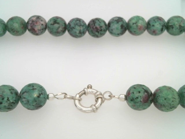 Sterling Silver 13 Mm Round Faceted Ruby Zoisite Bead Necklace With Large Spring Ring 17.5"