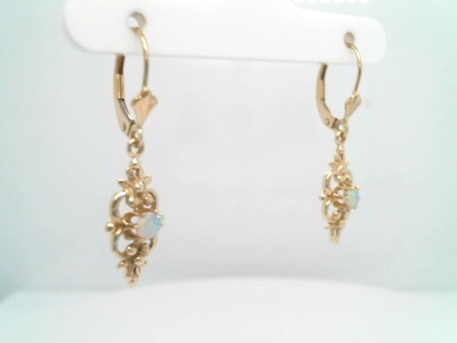 Vintage 14 Karat Yellow Gold Floral Motif Opal Dangle Earrings With Leverbacks