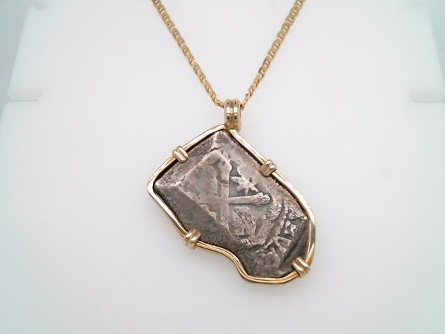 Silver 1715 Fleet Phillip V 4 Reales Coin Set In Prong Set In 14 Karat Yellow Gold Bezel Pendantt