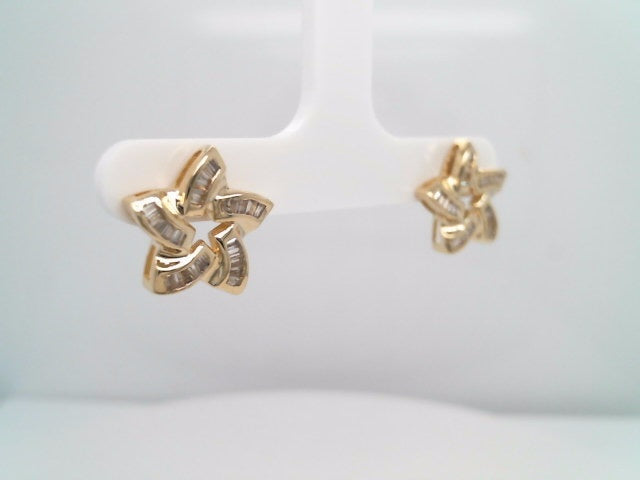 Vintage 14 Karat Yellow Gold Star Earrings With Tapered Baguette Diamonds