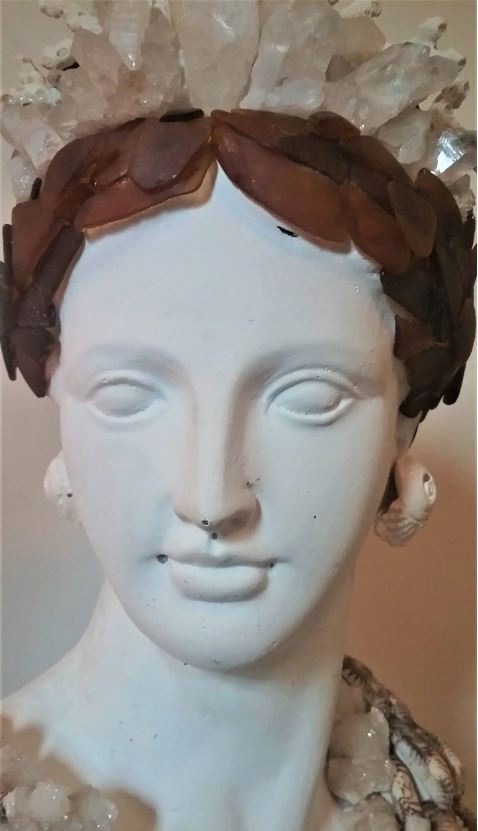 Shell Encrusted Bust Statue With Hand Picked Florida Sea Shells, Coral