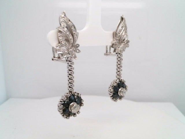 Vintage Retro Platinum Blue Sapphire & Diamond Dangle Earrings