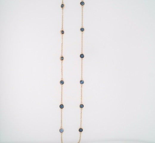 14 Karat Yellow Gold Bezel Set Blue Sapphire "By The Yard" Style Necklace 18" With A Loop At 16" And 17" For Adjustable Length