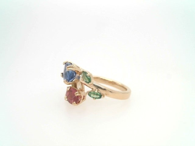 14 Karat Yellow Gold Pink Tourmaline, Tanzanite & Tsavorite Floral Bypass Style Ring