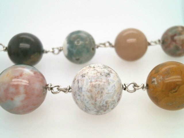 Sterling Silver 18 Mm Multi Color Jasper Bead Link Necklace With Large Spring Ring Clasp, 26"