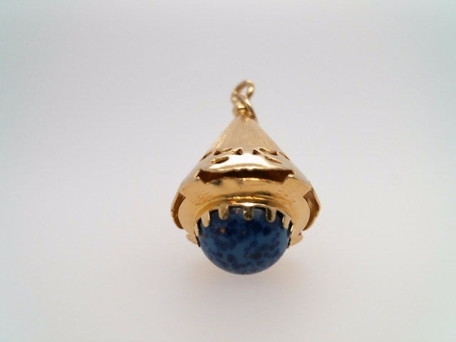 Vintage 18 Karat Yellow Gold Cone Shaped Charm/Pendant With Blue Glass Cabochon From Italy Circa 1960