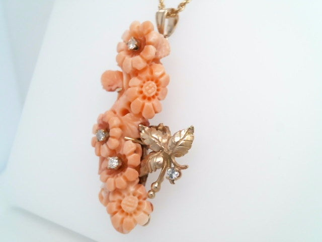 Vintage Handmade 14 Karat Yellow Gold Carved Multi Floral Coral Pendant With Diamond Accents