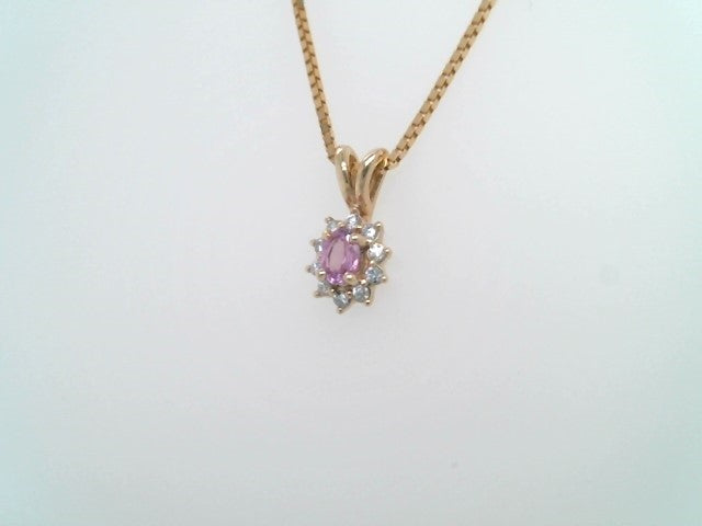14 Karat Yellow Gold Oval Pink Sapphire & Diamond Halo Style Pendant