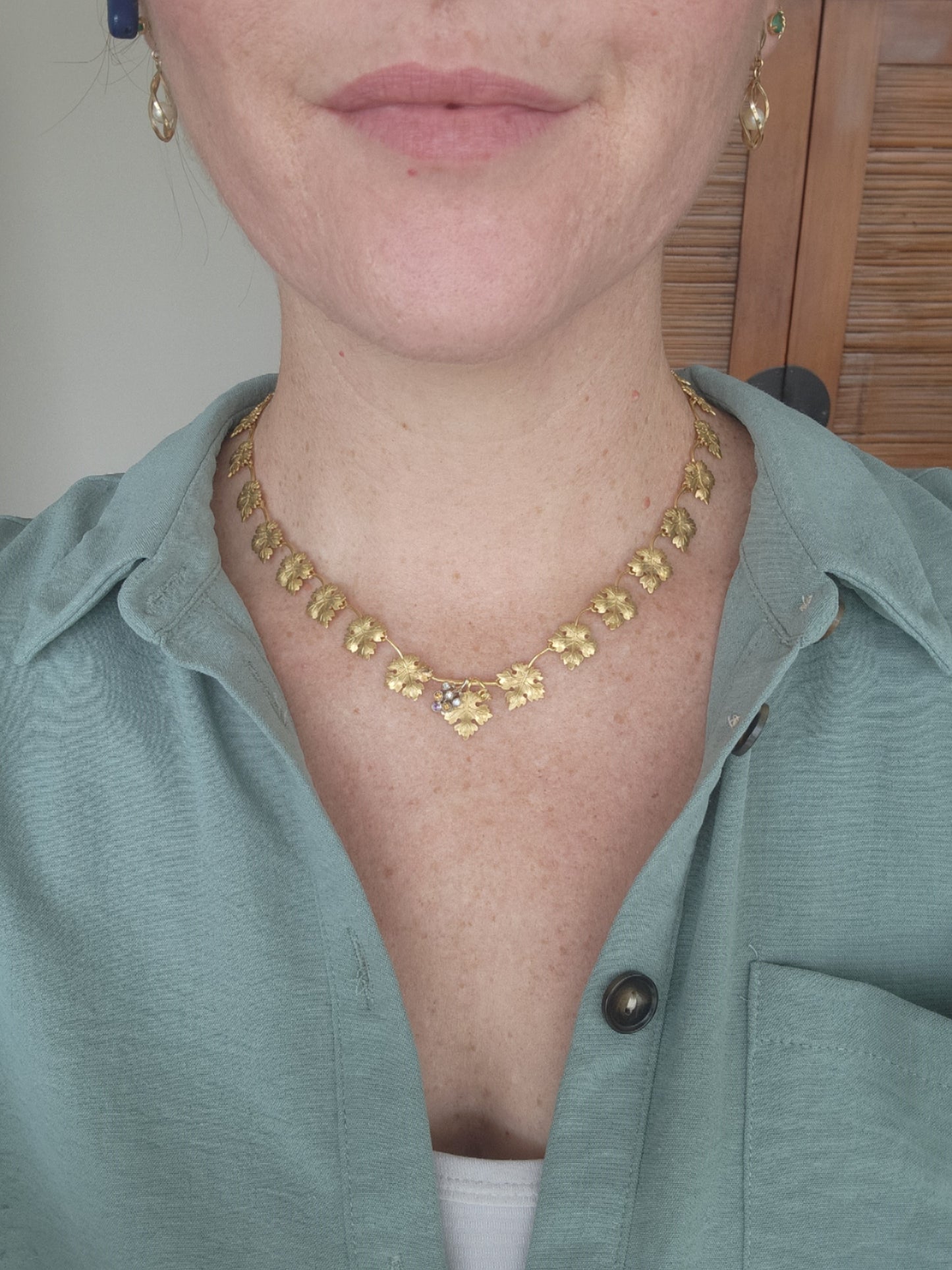 Vintage 18 Karat Yellow Gold Grape Leaf Design Necklace With Cluster Of Grapes Containing Diamonds, Citrine, And Amethyst, 15.75 -17"