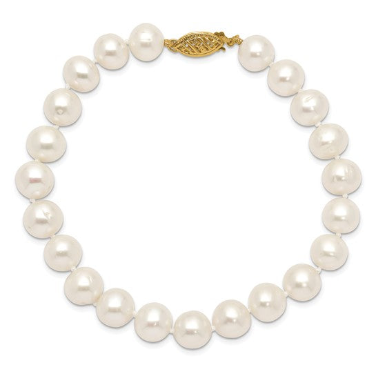 Round White Freshwater Pearl Bracelet 8.25" With 14 Karat Yellow Gold Pearl Clasp