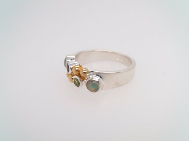Sterling Silver And 22 Karat Gold Vermeil Ring With 2 Ethiopian Opals, 1 Peridot And 1 Rhodolite Garnet