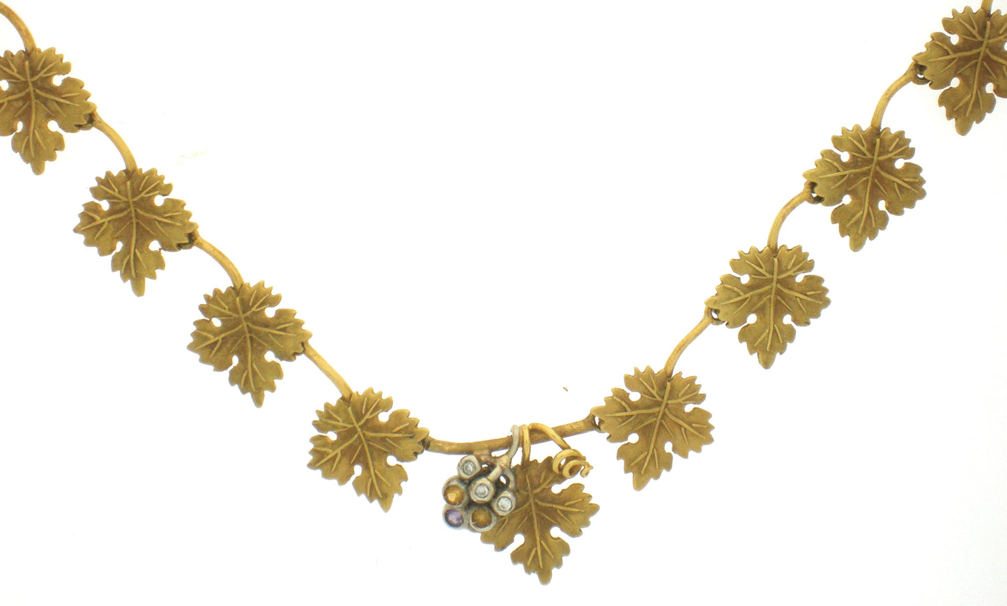 Vintage 18 Karat Yellow Gold Grape Leaf Design Necklace With Cluster Of Grapes Containing Diamonds, Citrine, And Amethyst, 15.75 -17"