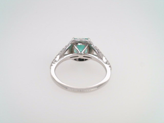 14 Karat White Gold Emerald & Diamond Halo Style Ring With Split Shank