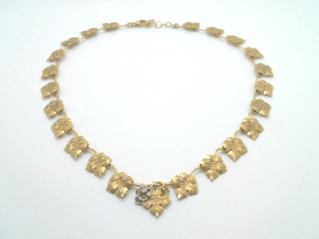 Vintage 18 Karat Yellow Gold Grape Leaf Design Necklace With Cluster Of Grapes Containing Diamonds, Citrine, And Amethyst, 15.75 -17"