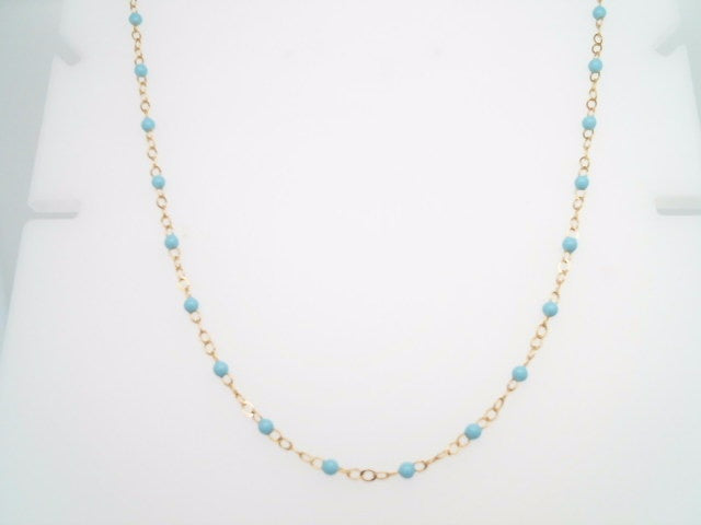14 Karat Yellow Gold 19-20" 2mm Enamel Bead Necklace Turquoise Color