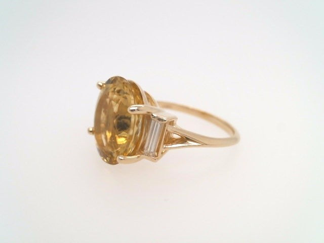 14 Karat Yellow Gold Oval Heliodor & Straight Baguette Diamond Ring