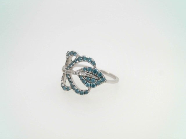 14 Karat White Gold Blue & White Diamond Feather Design Ring